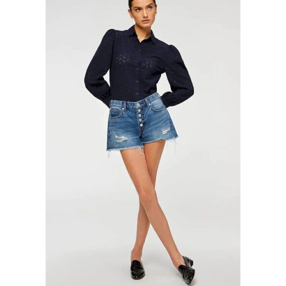 New 7FORALLMENKIND Size 30 MONROE CUT-OFF SHORT WITH EXPOSED BUTTONS PISCES BLUE - Picture 1 of 13